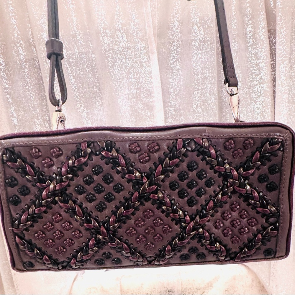 Brighton Brown Leather Quilted  Shoulder/ Crossbody Wallet-size bag with Beads